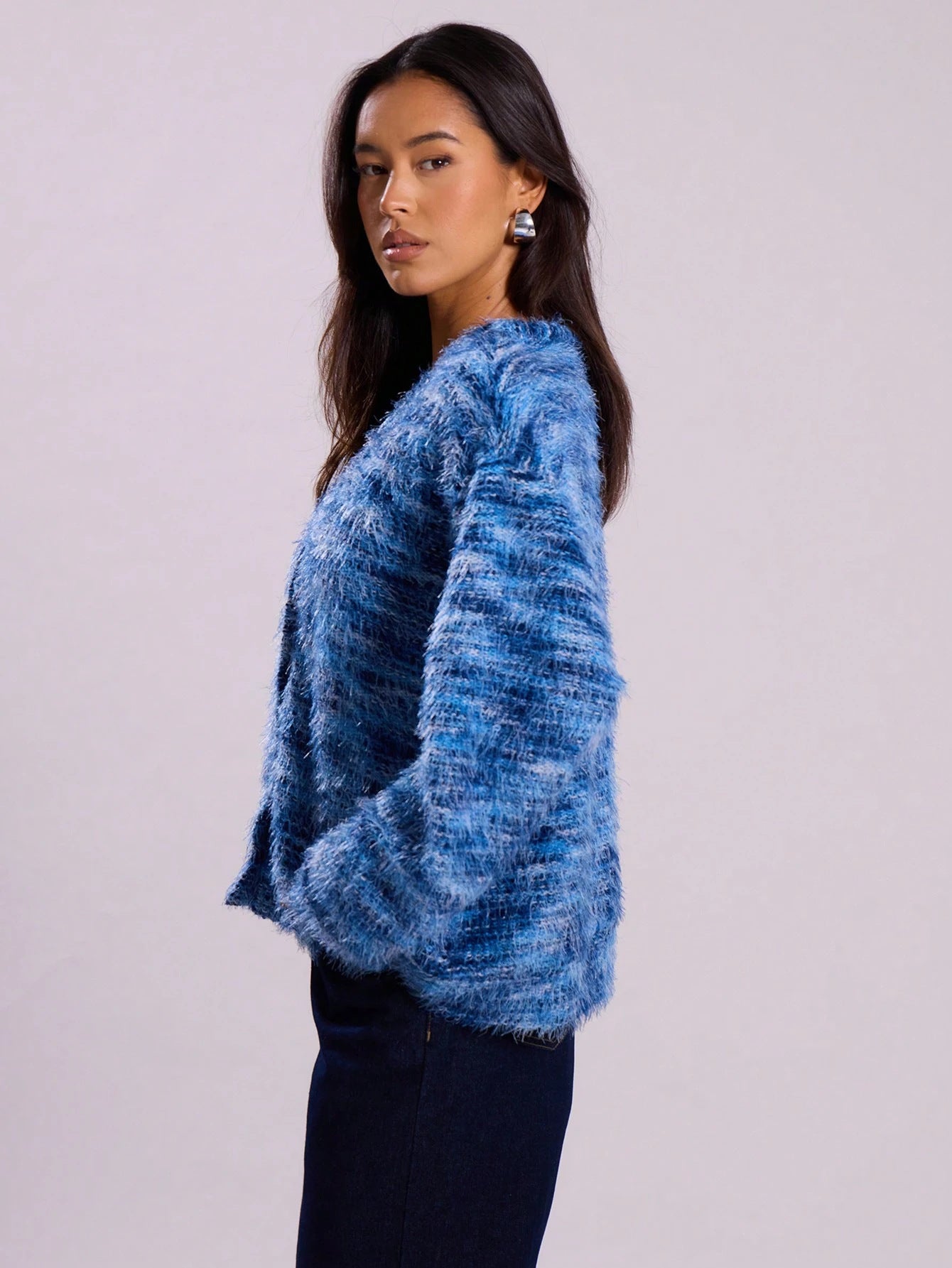 Melange Fleece Long Sleeve Cardigan - Vintage Deep V-Neck