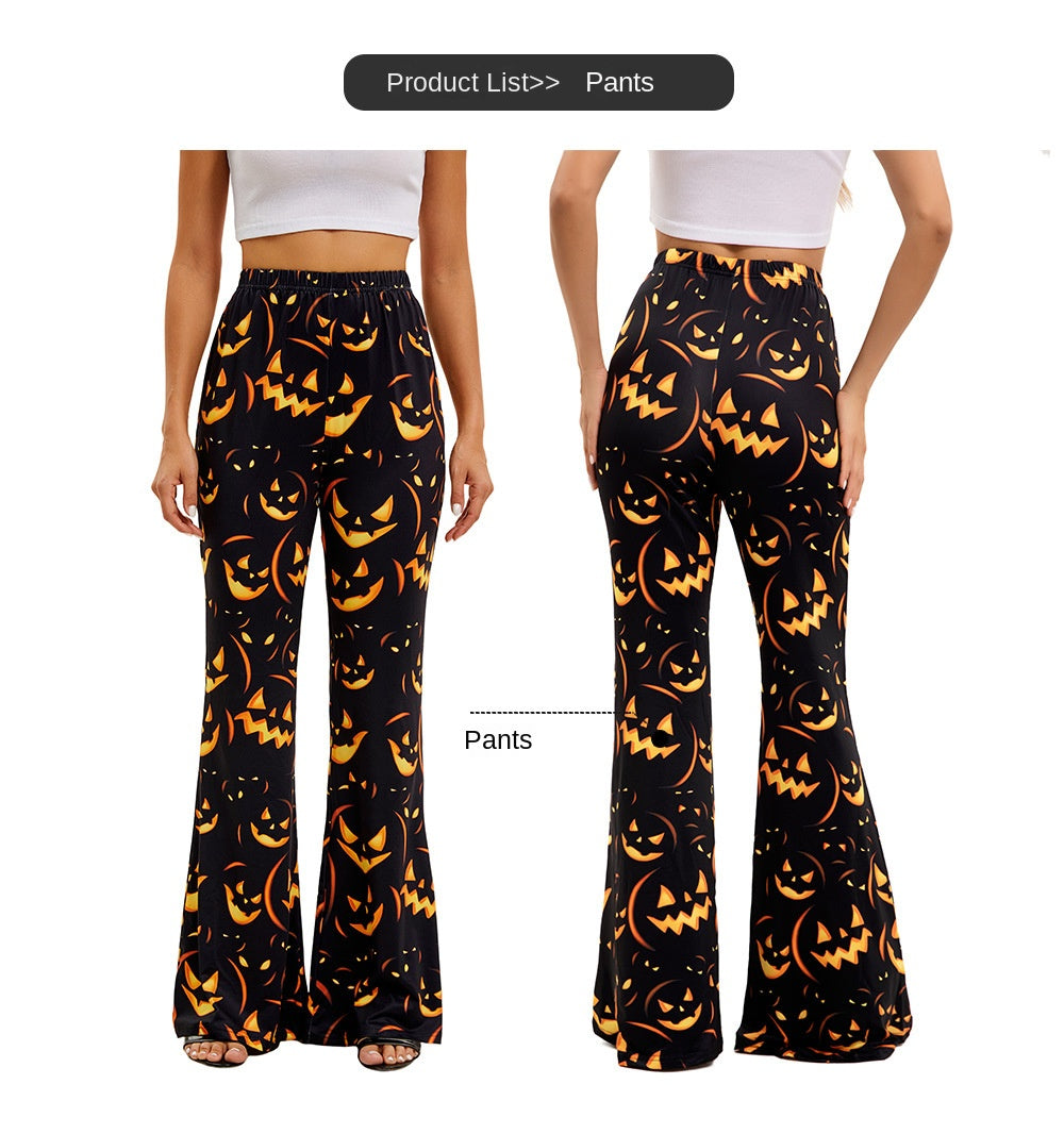 Women's Halloween flared trousers with orange jack-o-lantern and bat graphic print