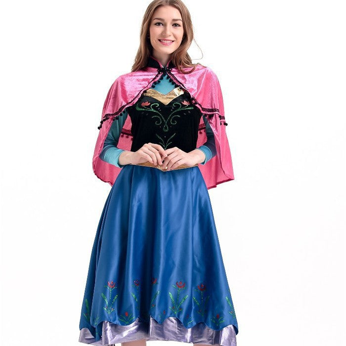 Front view adult princess-style dress: black bodice with gold trim, blue skirt, pink cape