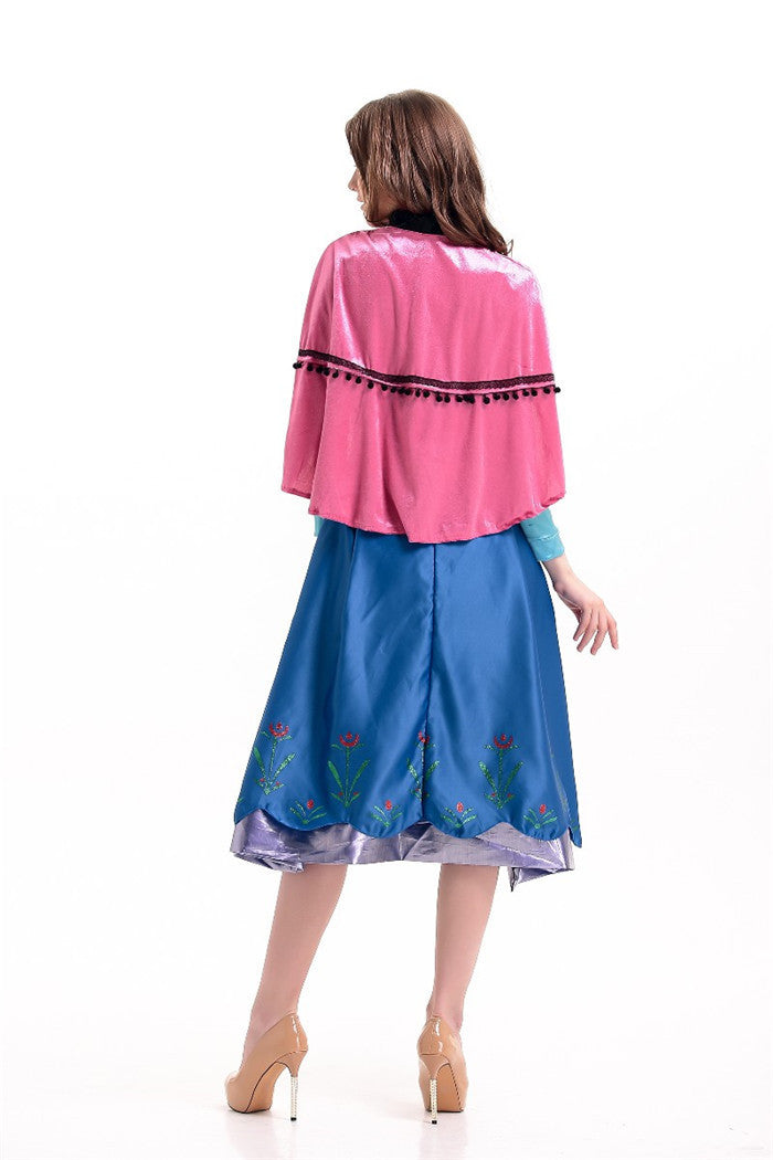 Back view: pink cape over blue princess costume dress with gold trim and floral skirt