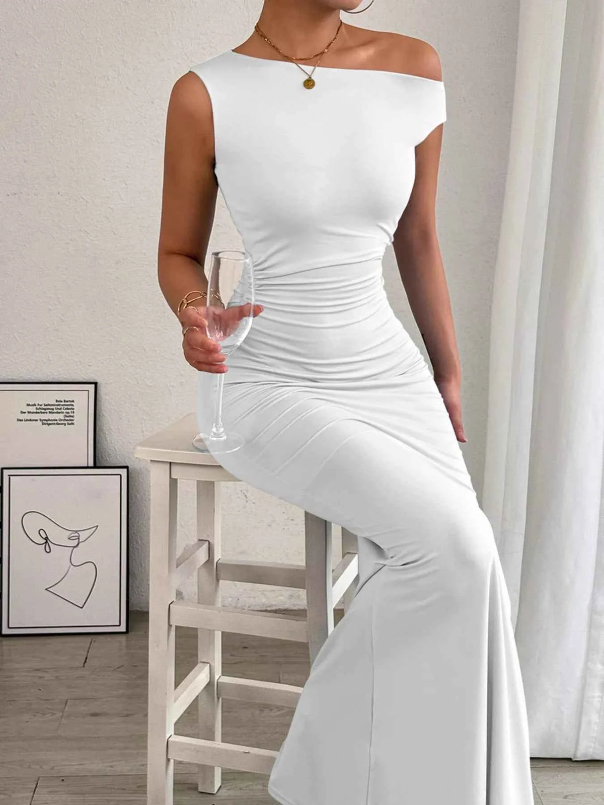 One-Shoulder Ruched Maxi Dress - Asymmetric Neckline
