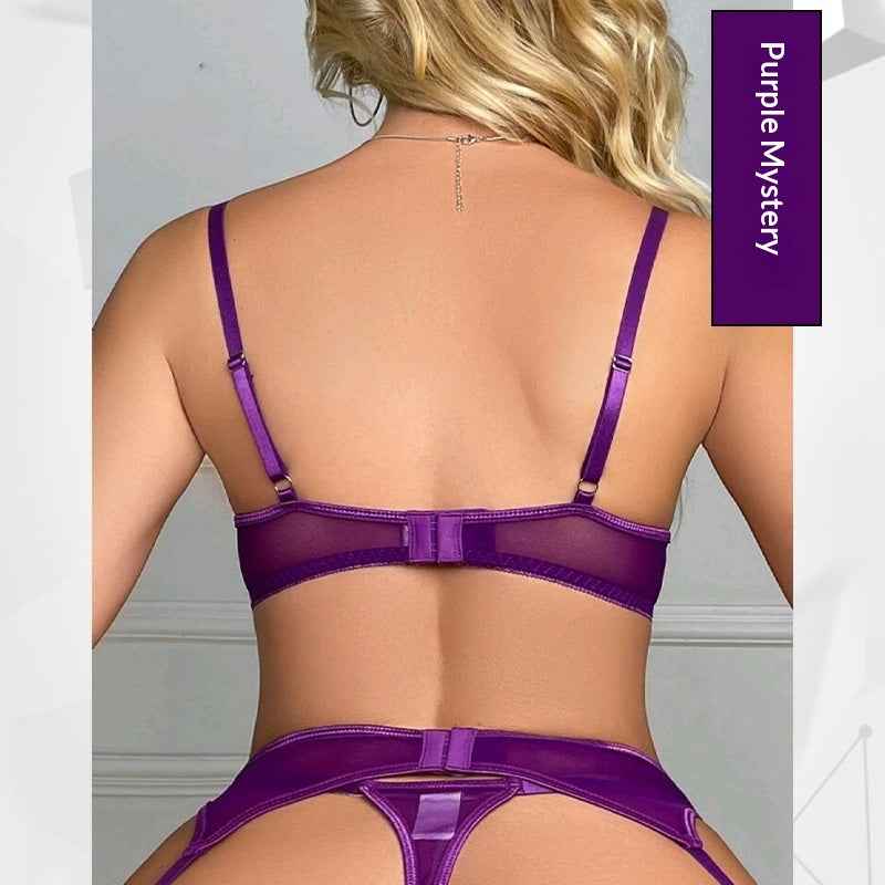 Mesh Embroidery Garter Belt Stocking Lingerie Set - 4-piece With Underwire