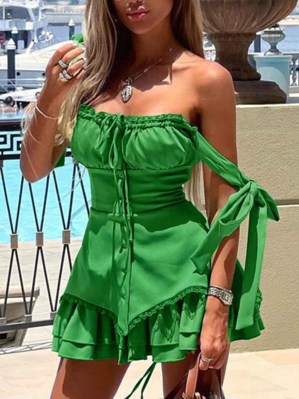 Tie-Shoulder Lace-Up Corset Mini Dress - Ruffle Hem