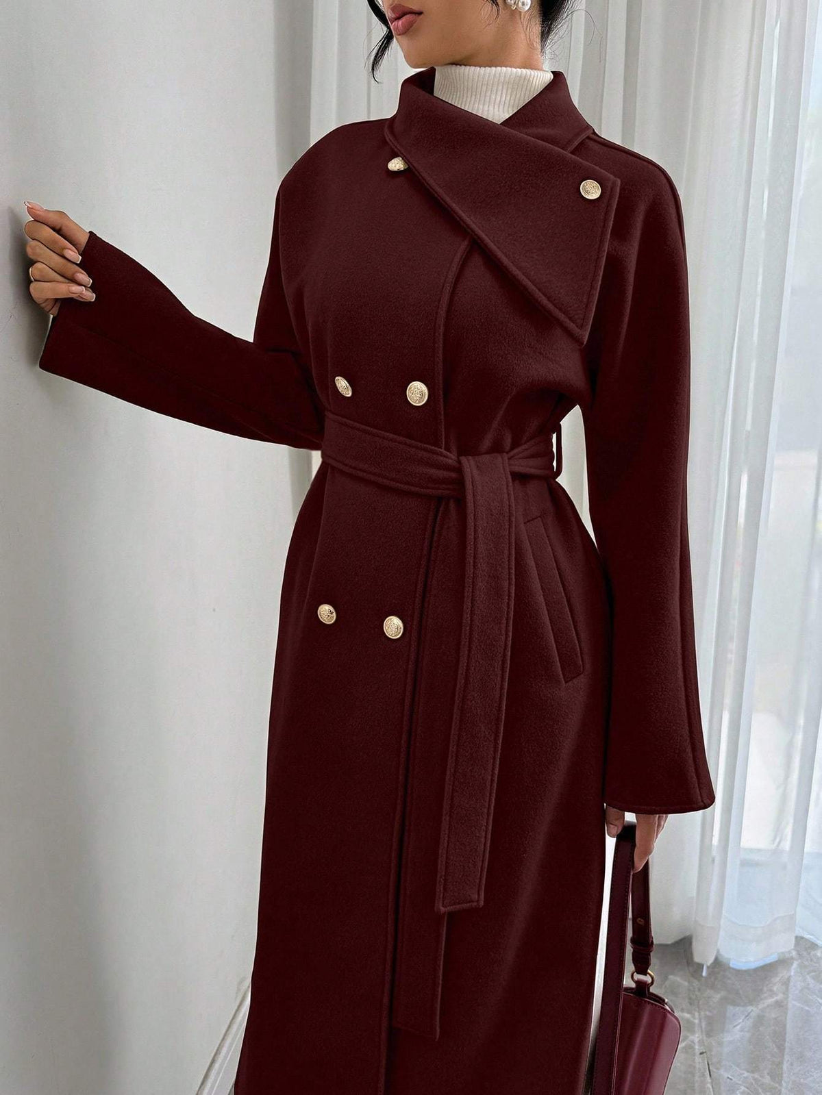 Double-Breasted Long Coat - Waist Tie & Wide Lapels