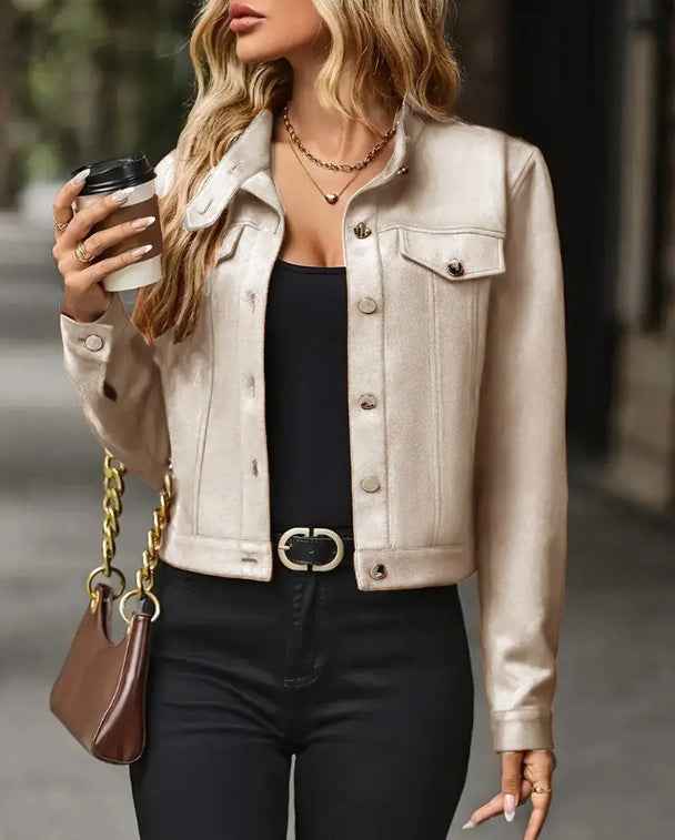 Women's Cropped Button-Front Jacket - Flap Chest Pockets