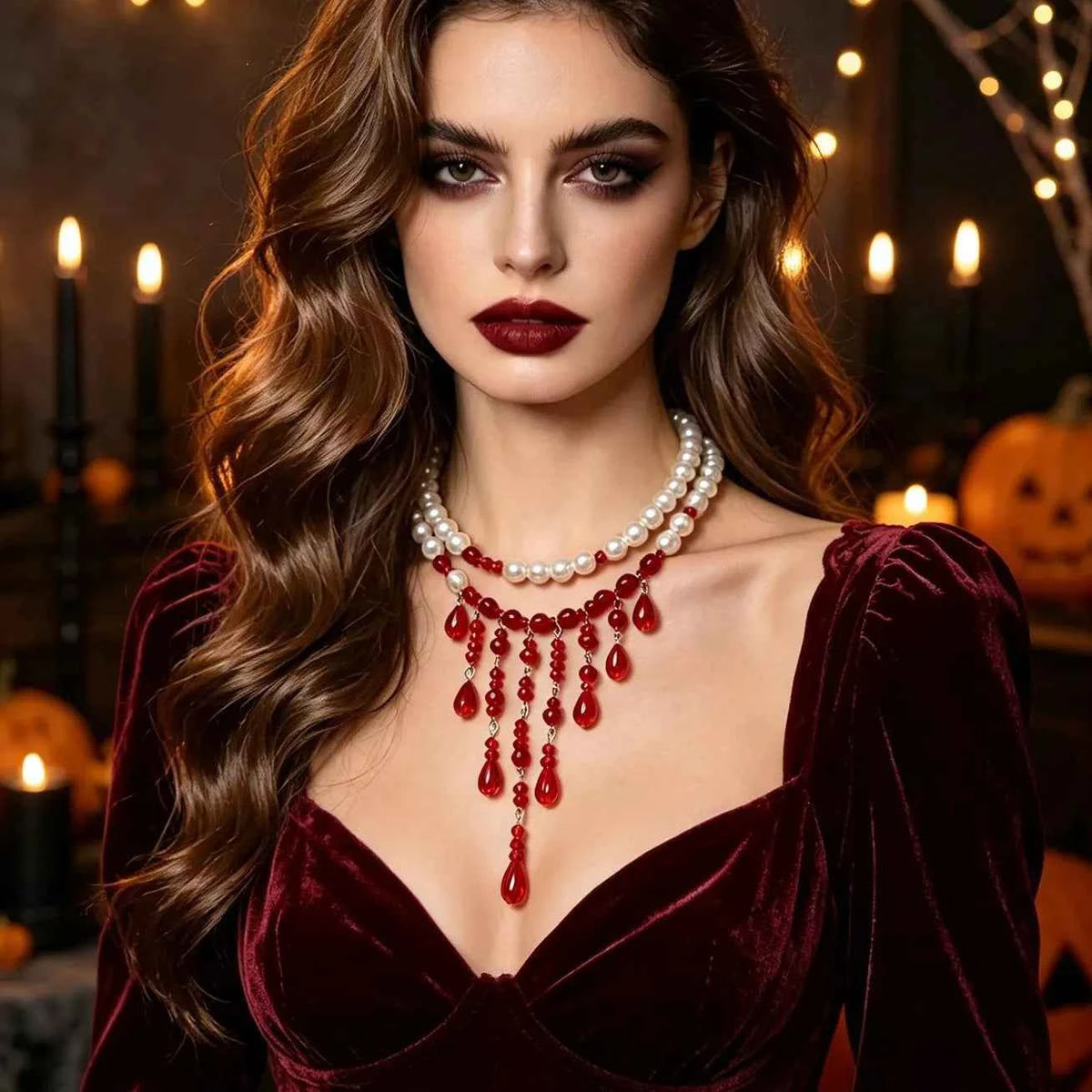 Halloween Teardrop Beaded Double Layer Necklace - Vampire Drip