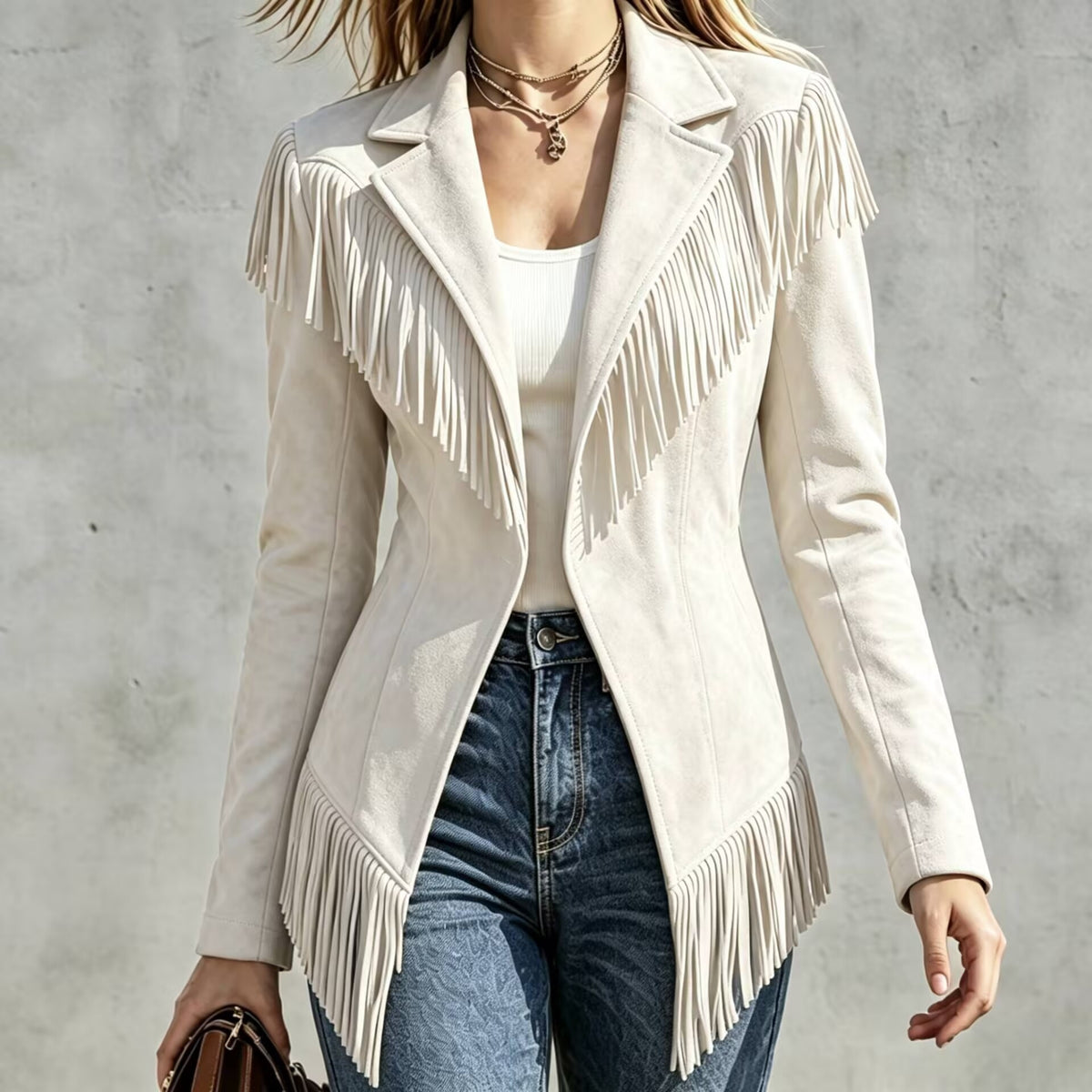 Autumn Winter Fringe Jacket - Notched Lapels and Shaped Seams