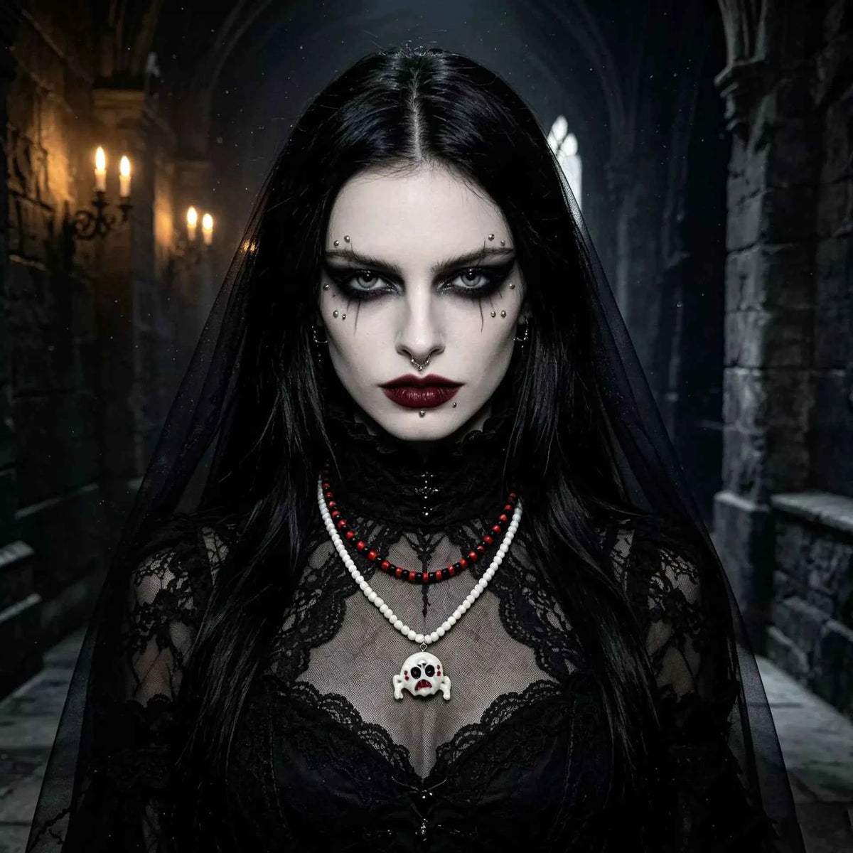 White Skull Bead Layered Necklace - Gothic Pendant Set