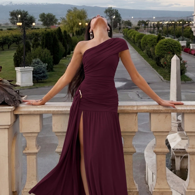 One-Shoulder Ruched Maxi Dress - High Slit and Flowing Skirt