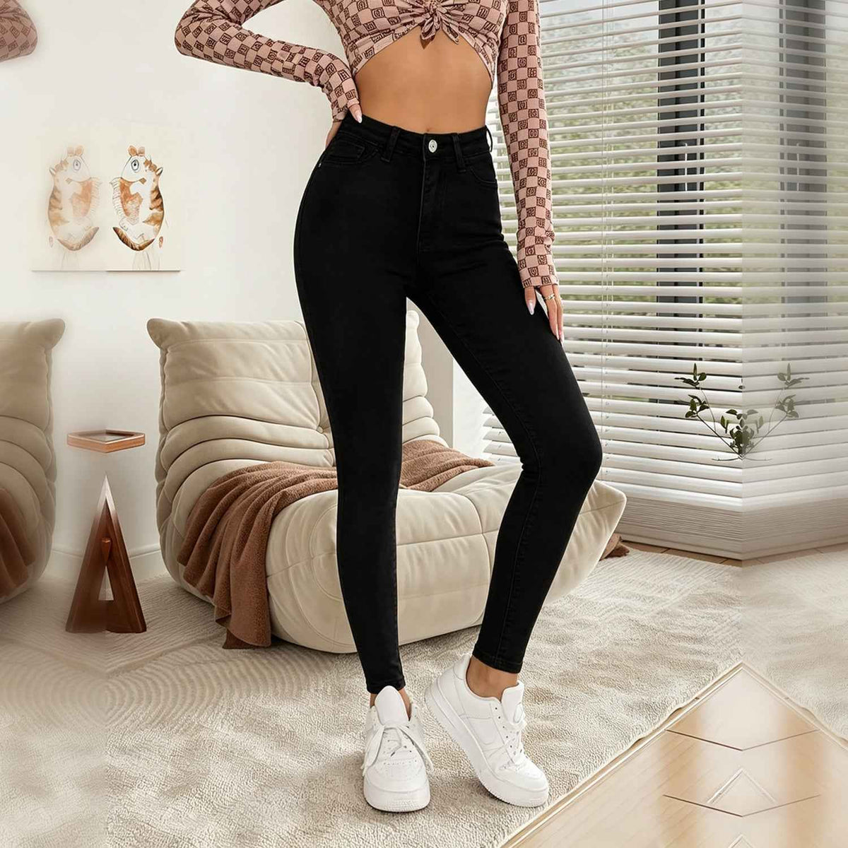 Black High-Rise Skinny Jeans - Ankle Cut and Pocket Detail