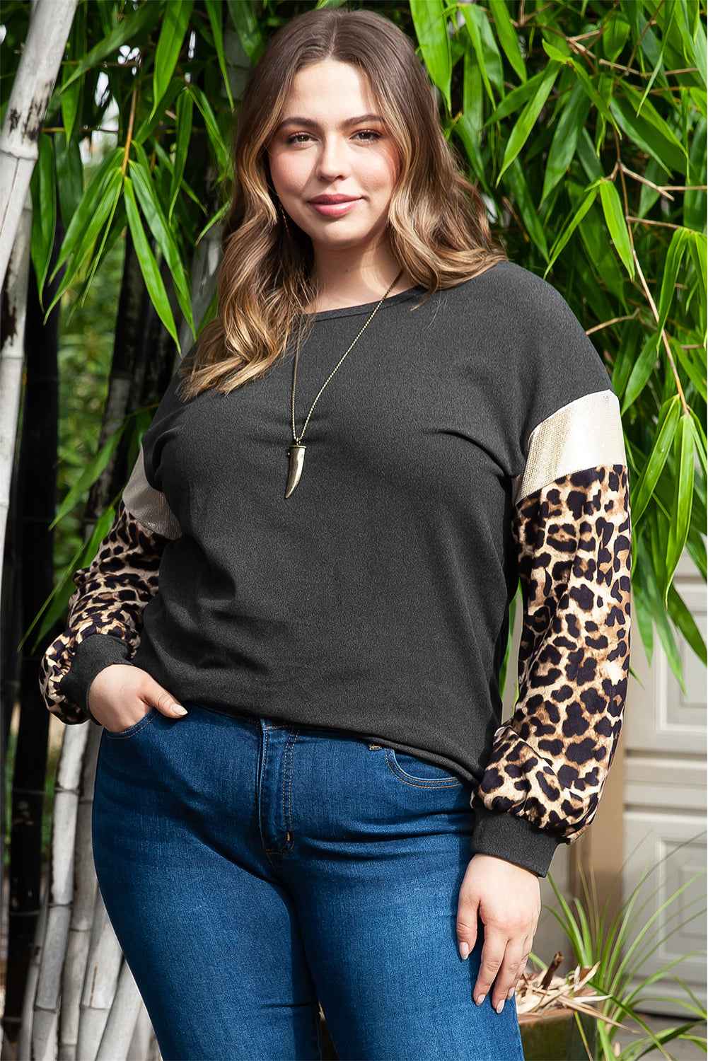 Black Leopard Sleeve Plus Size Top - Shiny Shoulder Panels