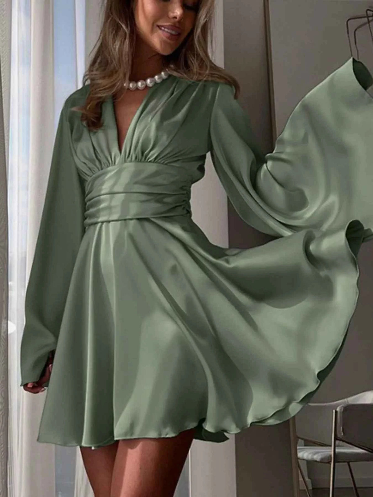 Army Green Satin Mini Dress - Deep V Wrap Waist Band