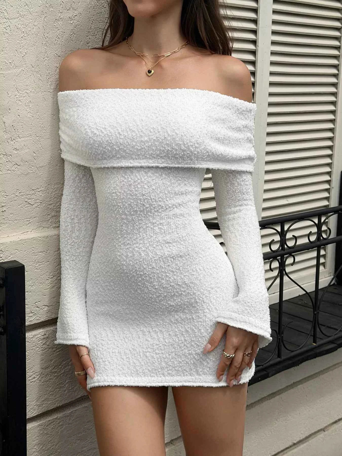 White Off-Shoulder Sweater Dress - Ribbed Bodycon Midi Knit