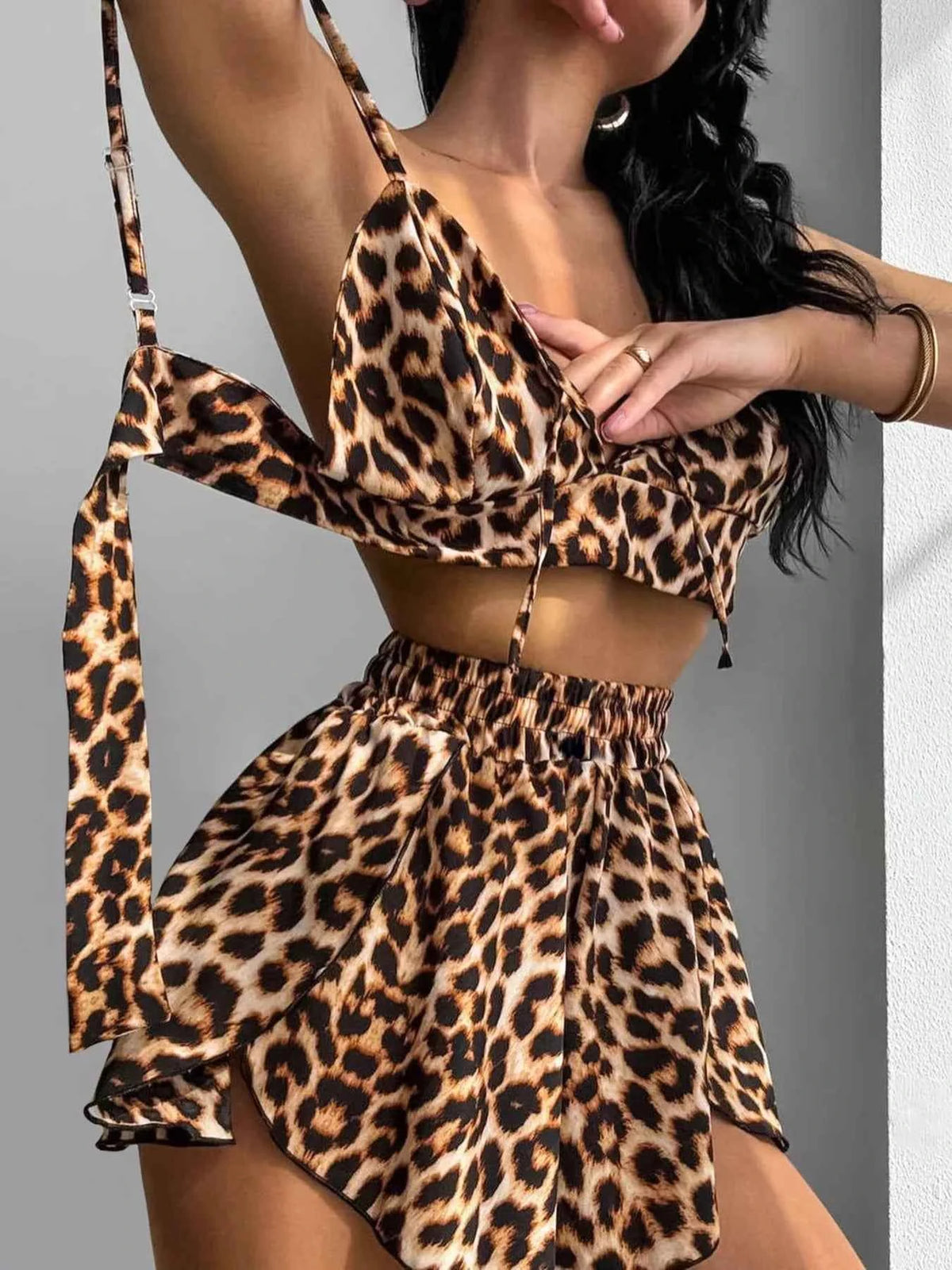 Leopard Print Lounge Set - Cami Crop Top Cardigan & Shorts