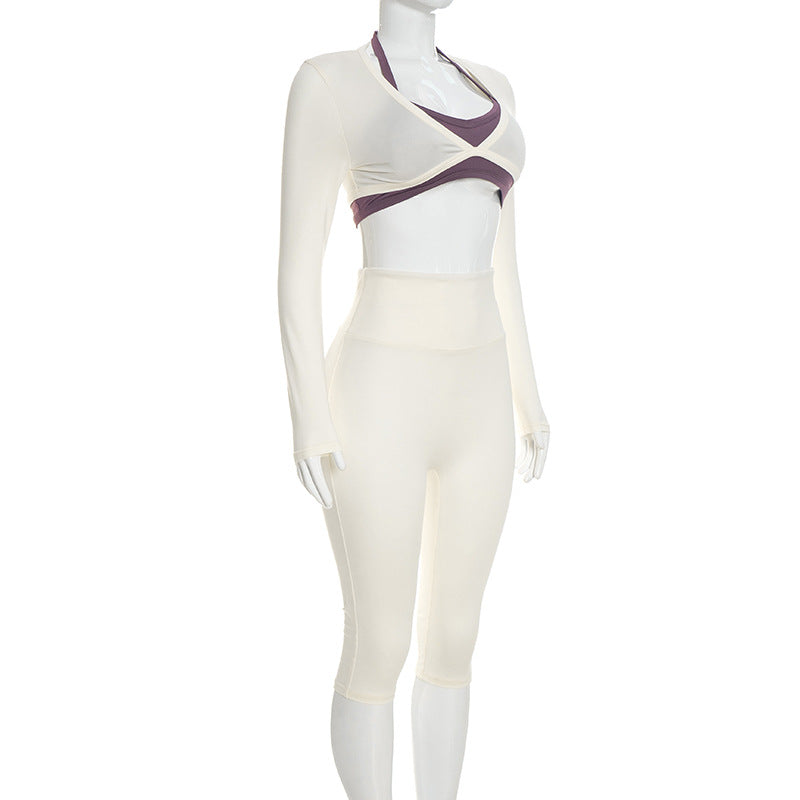 Three-Piece Capri Activewear Set - V-Neck Top and Halter Bra