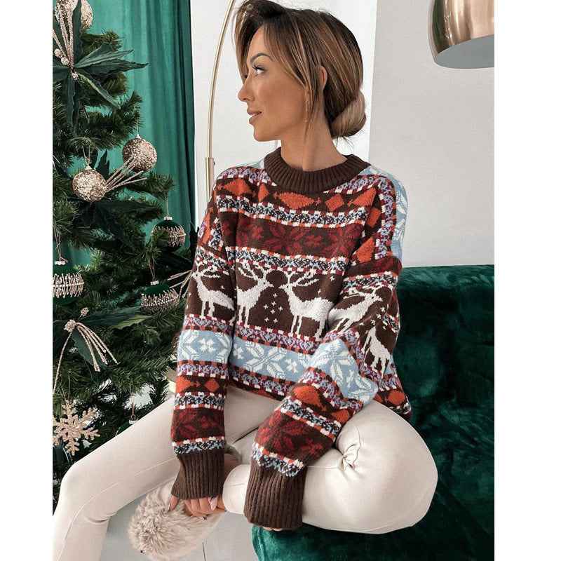 Christmas Reindeer Knit Sweater - Snowflakes and Ribbed Trim