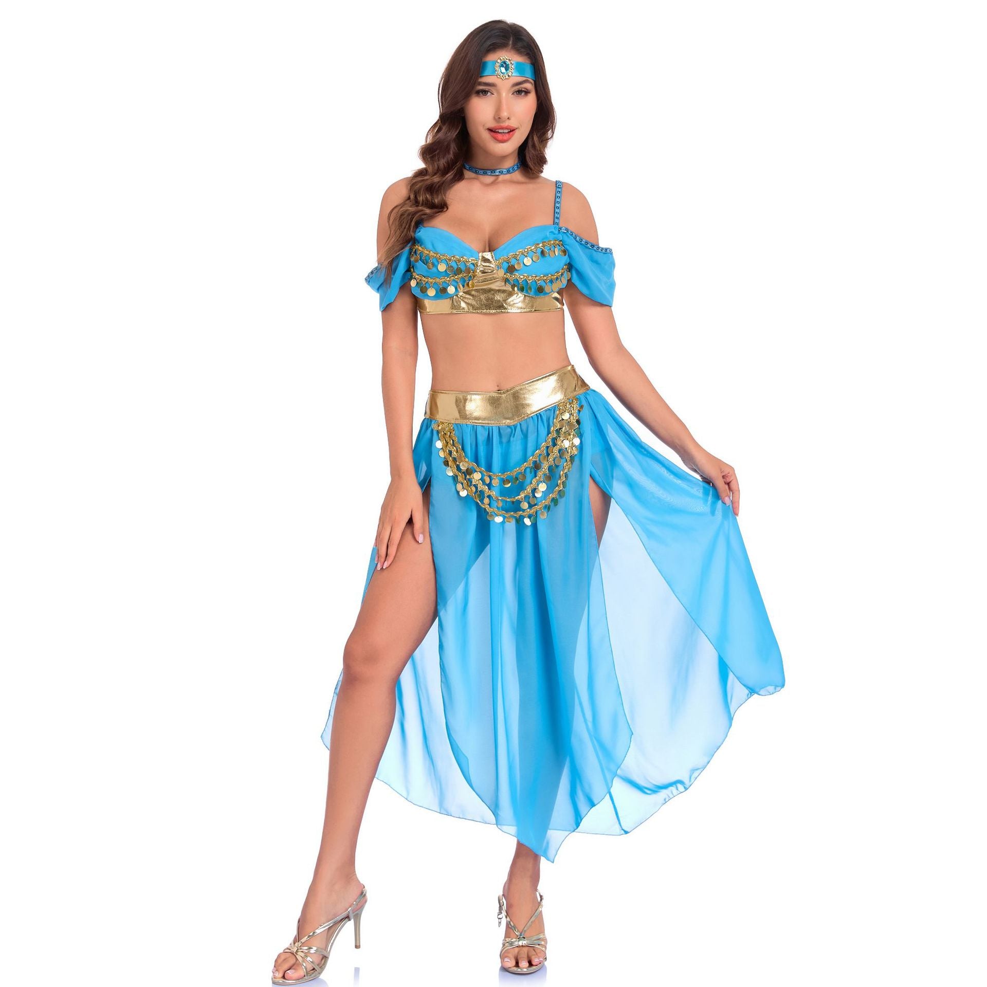 Halloween Jasmine Princess Costume - Coin Trim Crop Top Skirt Set