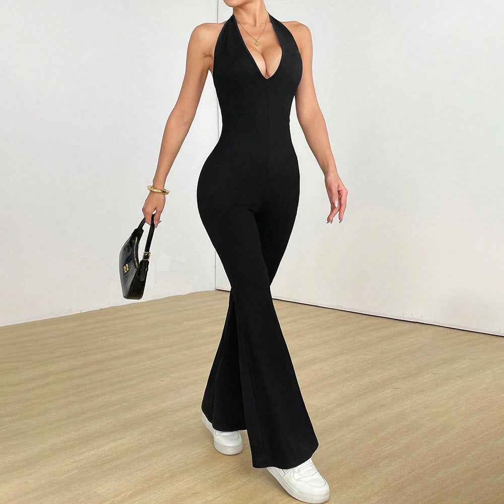 Black Halter Flare Jumpsuit - Deep V Open Back