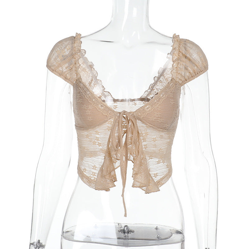 Khaki lace crop top on mannequin with front bow tie and ruffle-trim neckline
