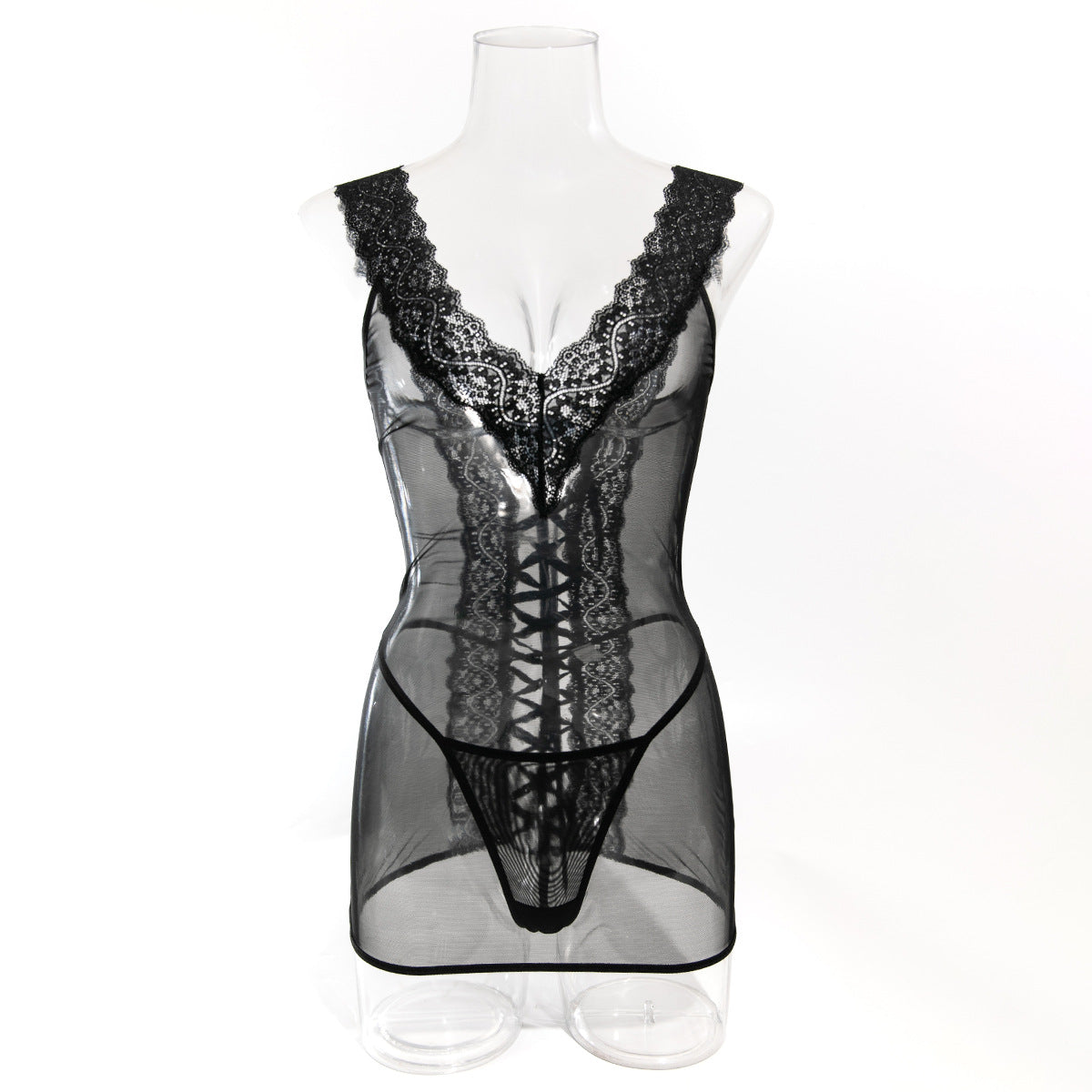 Black lace trim mesh chemise with scalloped V neckline and lace-up front panel