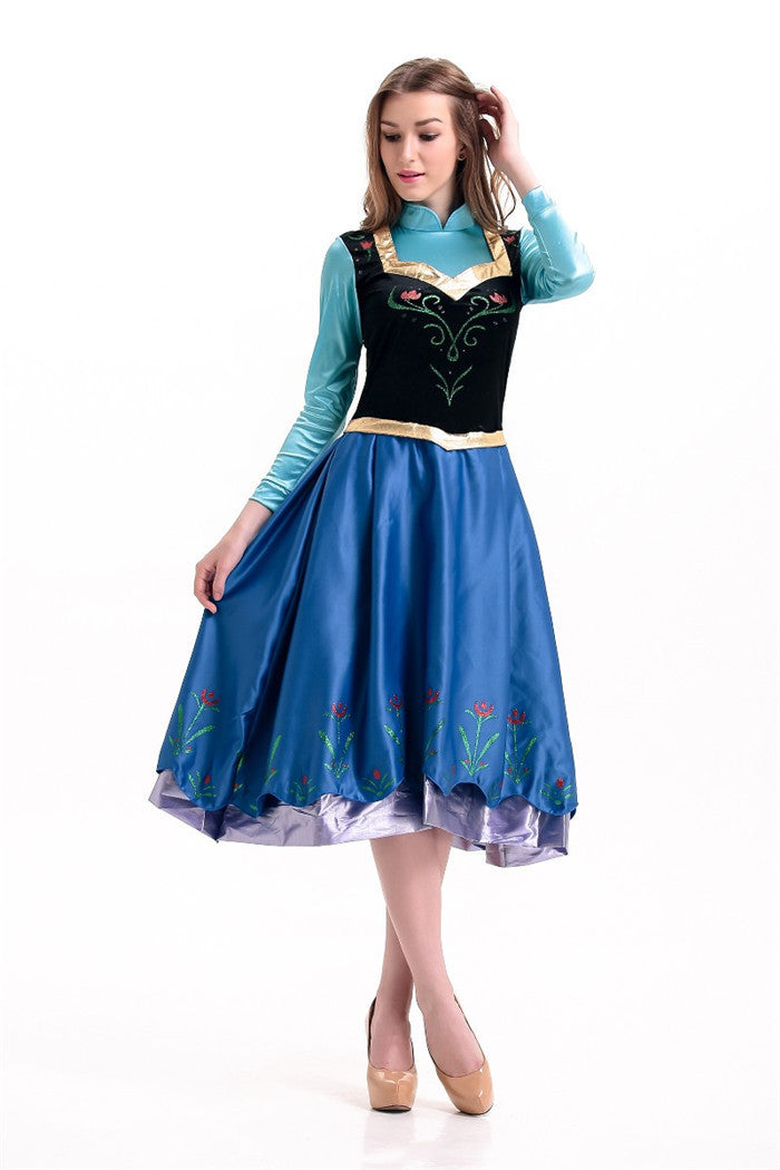 Blue princess costume dress with black embroidered bodice, gold trim, floral skirt