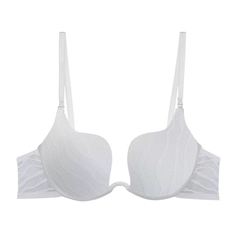 White wavy mesh plunge bra, with underwire cups and thin adjustable straps