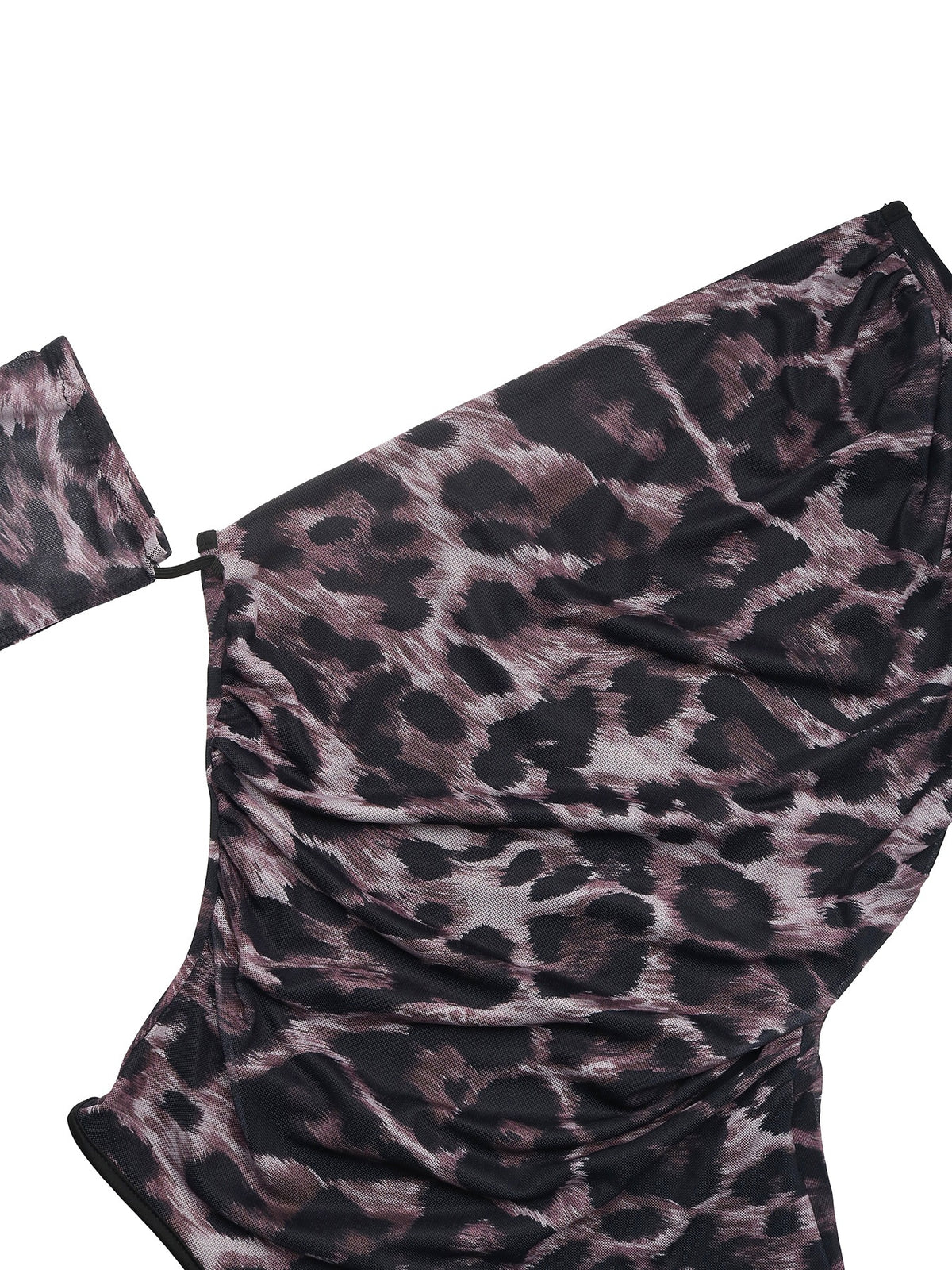 Leopard Print One Shoulder Mesh Bodysuit - Asymmetric Long Sleeve Ruched