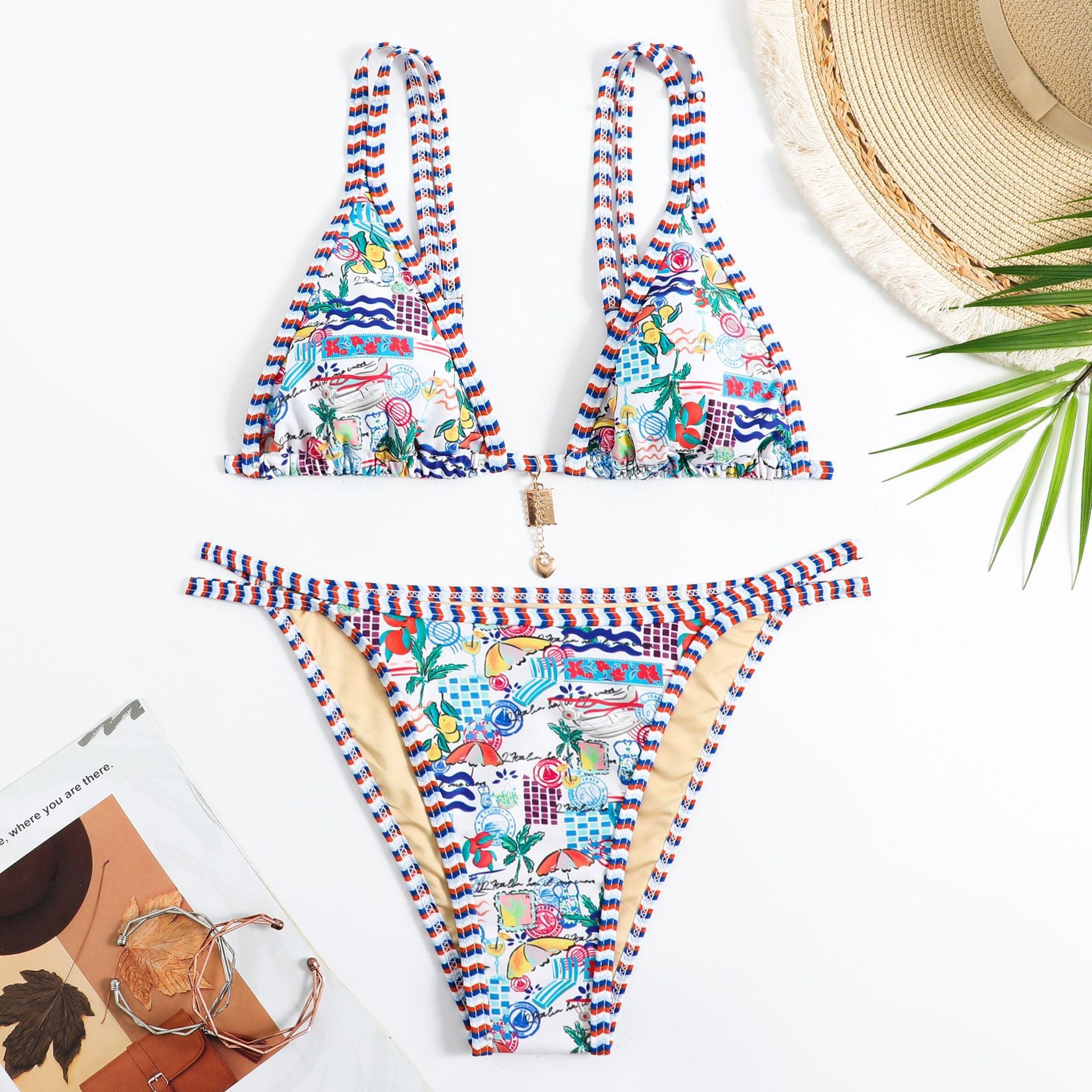 Colorful Floral Bikini Set - Triangle Top Chain Charm