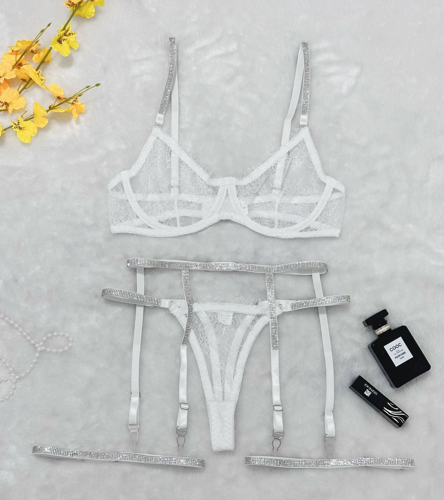 Lace Lingerie Set - 4 Piece Rhinestone Garter Belt - Fashions Envy