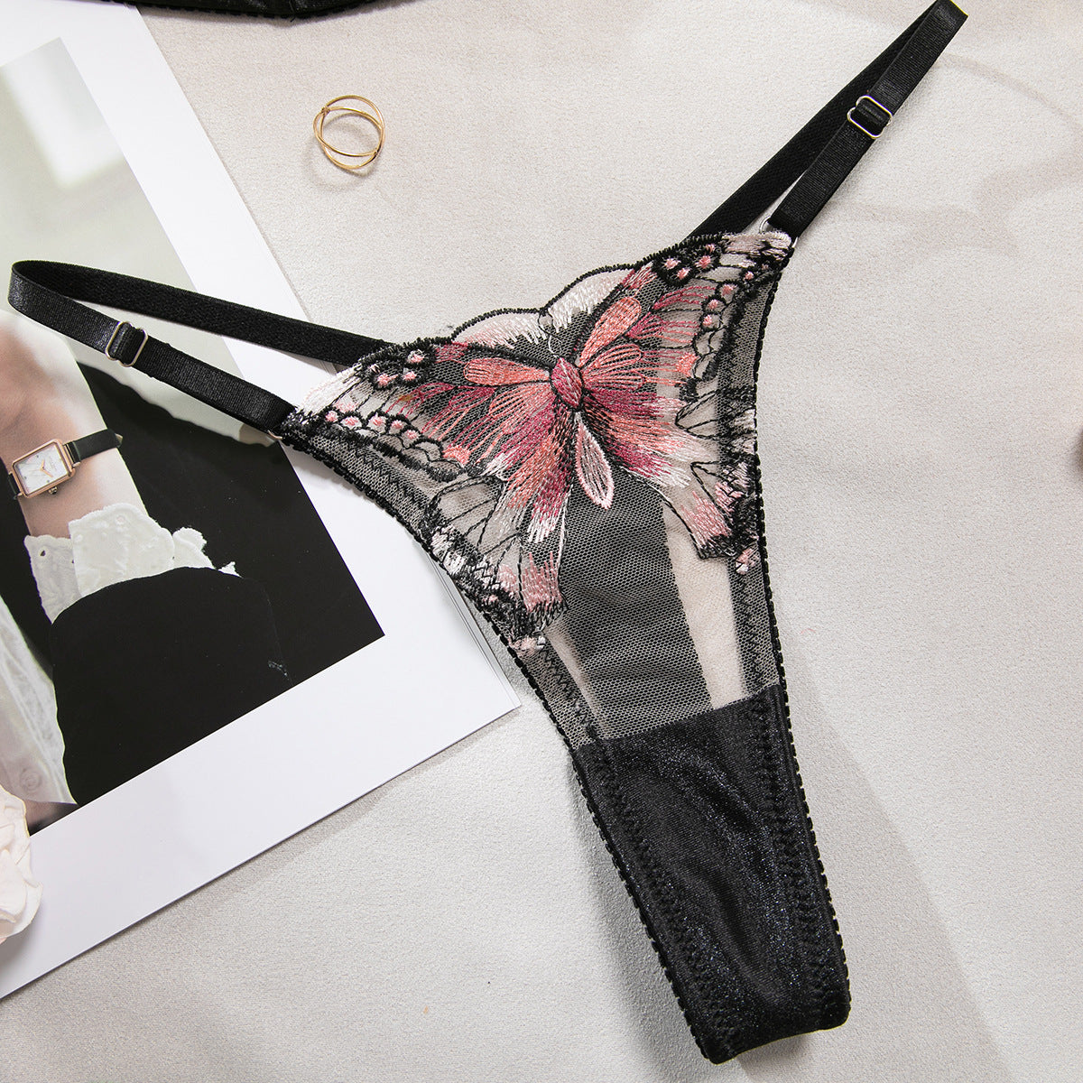 Black Butterfly Embroidery Mesh Bra and Thong Set