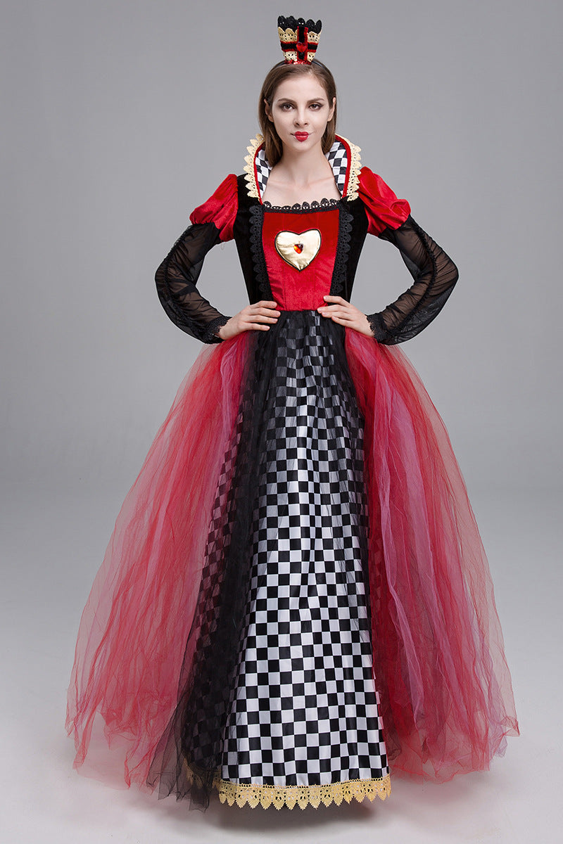 Queen of Hearts costume dress front view, red heart bodice, black checker skirt, crown headpiece