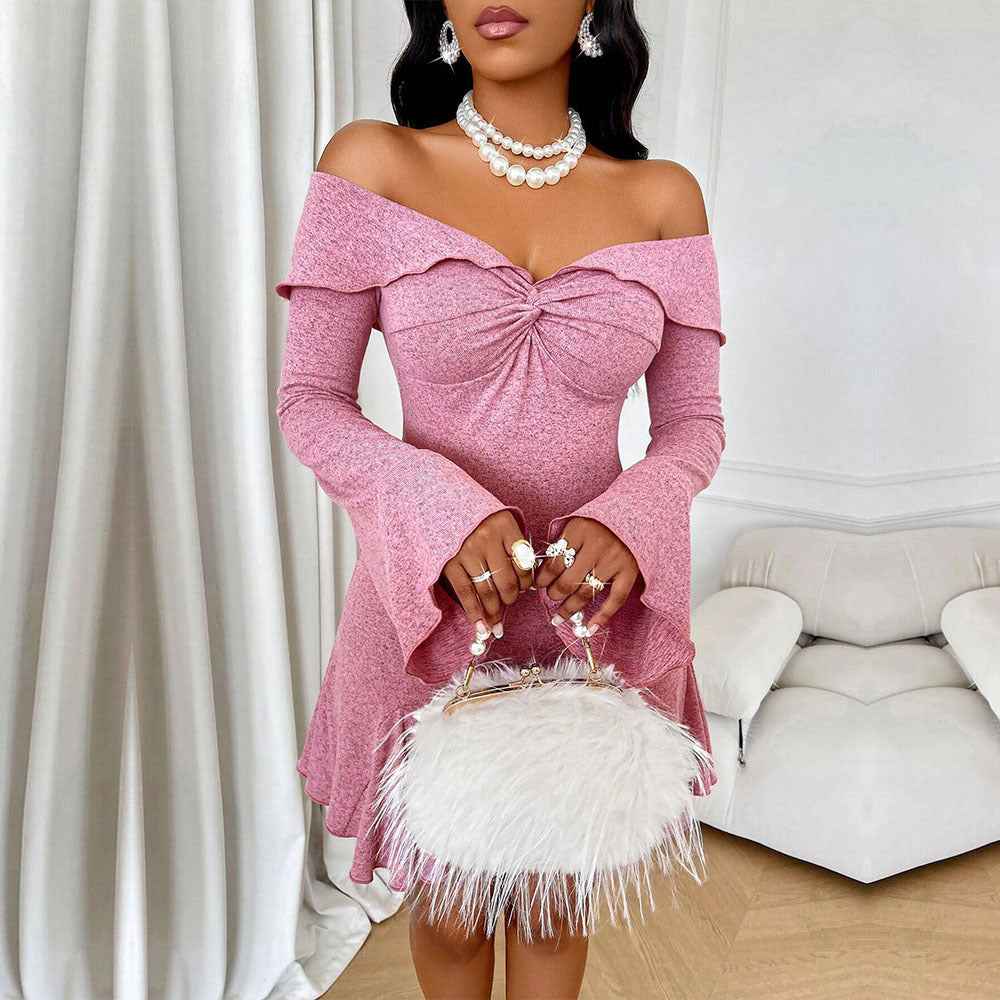 Pink Off-Shoulder Twist Knot Mini Dress - Bell Sleeve Ruffle Hem
