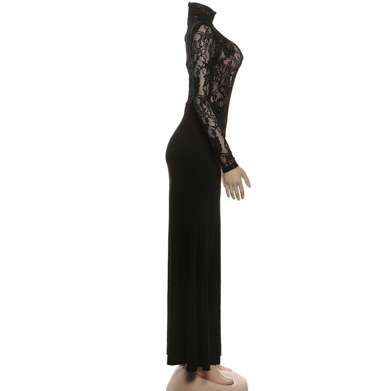 High Neck Lace Maxi Dress - Long Sleeve Black - Fashions Envy