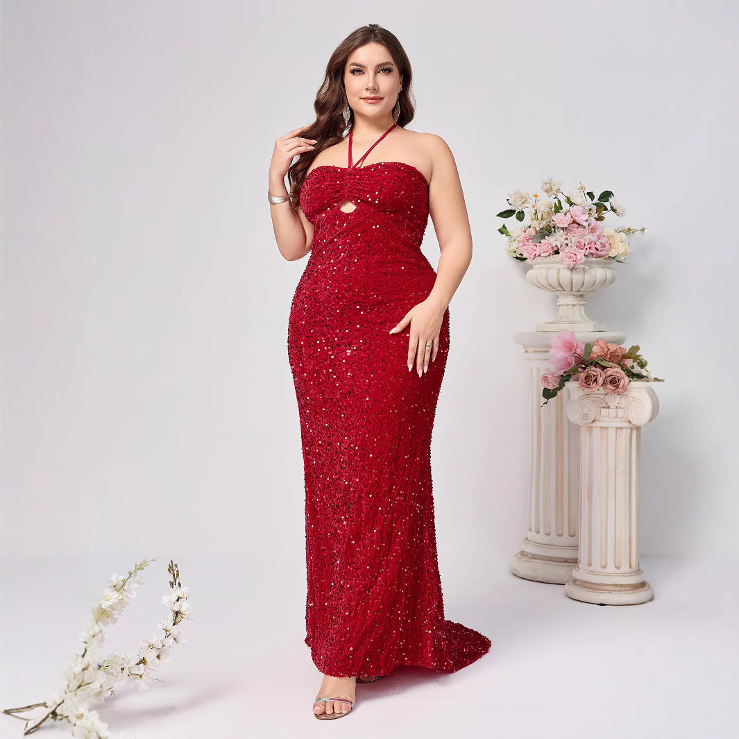Red Sequin Plus Size Gown - Halter Slit Evening Dress