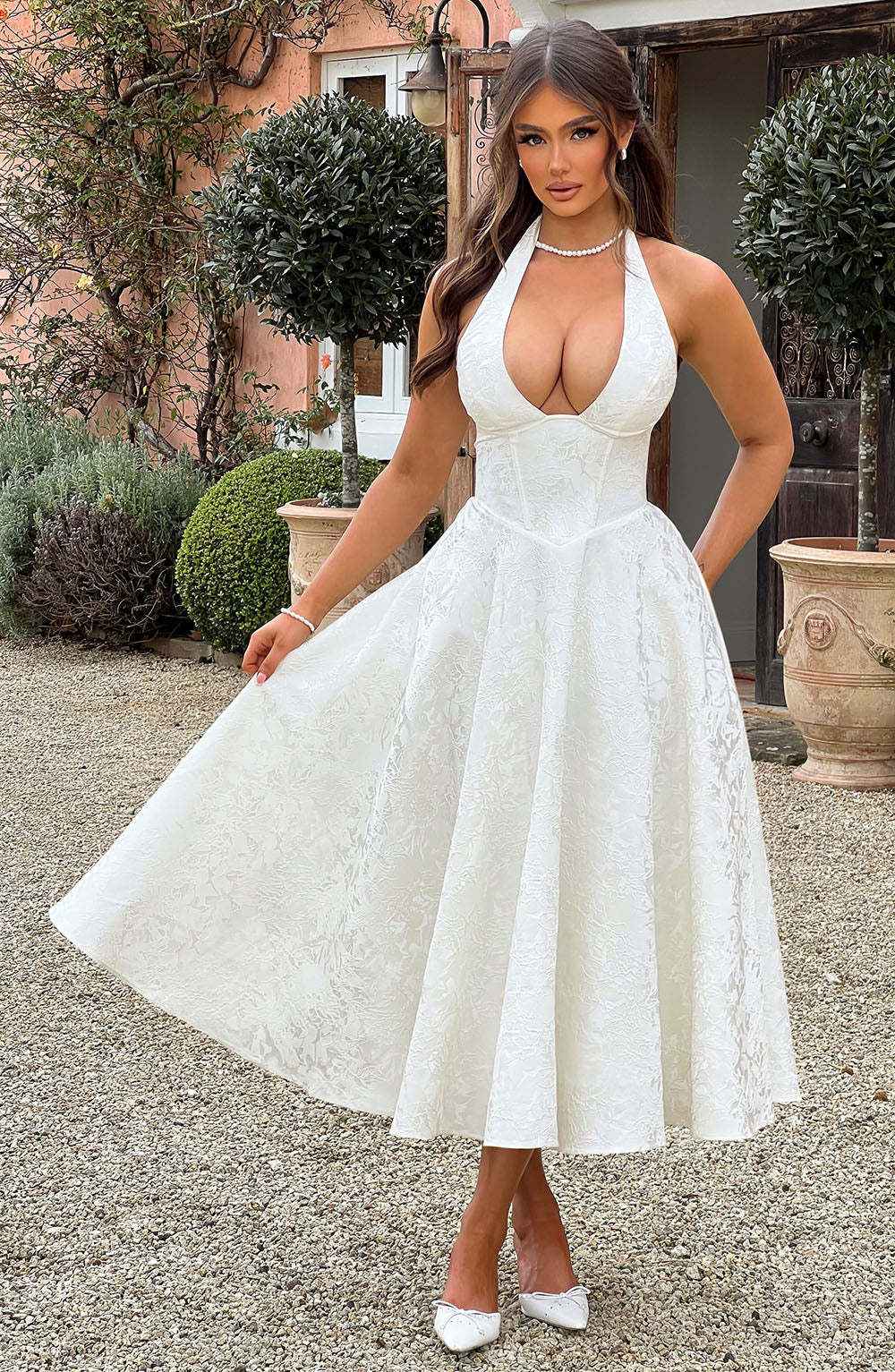 Jacquard Halter Midi Dress - Deep V Corset Waist A-Line Skirt