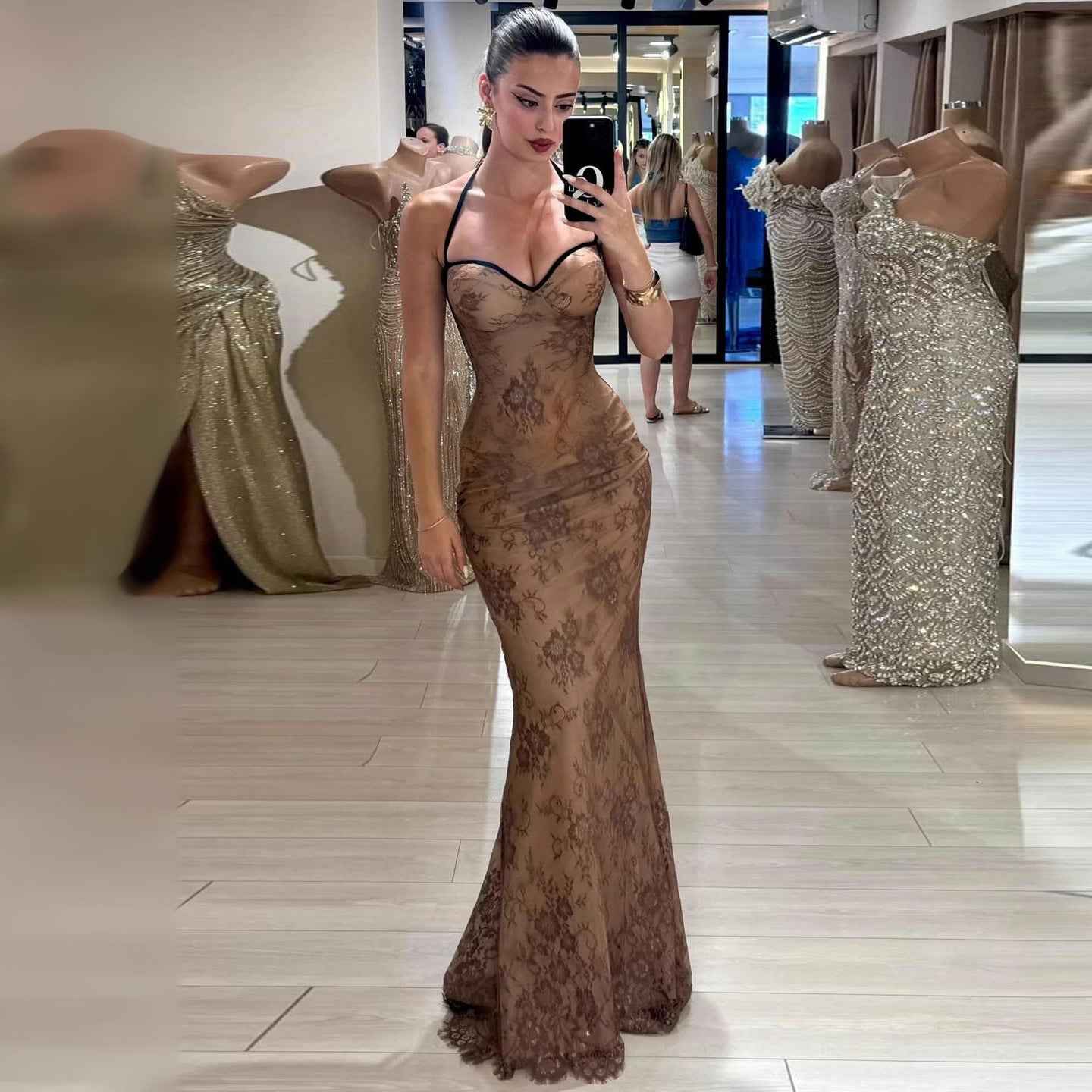 Lace dress maxi dress - crochet spicy girl sexy sweetheart neck
