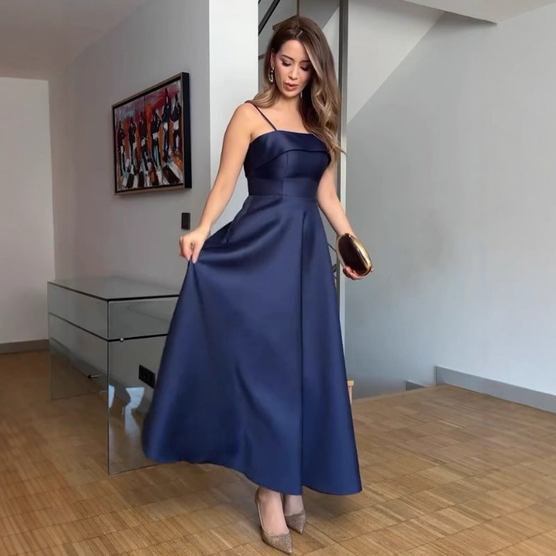 Satin Suspender Dress - Sleeveless Evening Gown - Fashions Envy