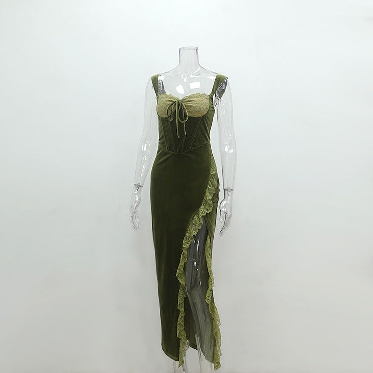 Velvet Evening Dress - Lace High Slit Fitted - Fashions Envy