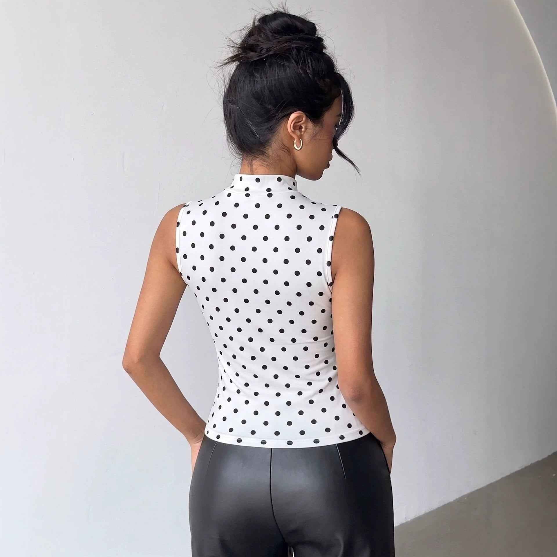 White Polka Dot Halter Top - Mock Neck Gold Brooch