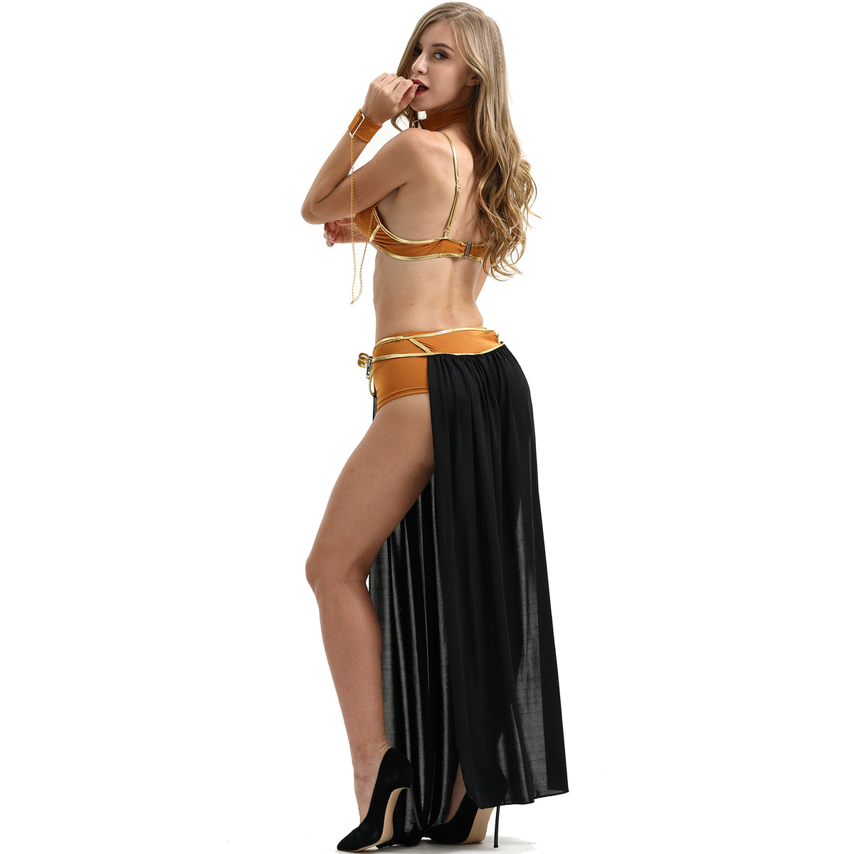 Velvet slave princess costume set side view with gold halter bra and black slit skirt
