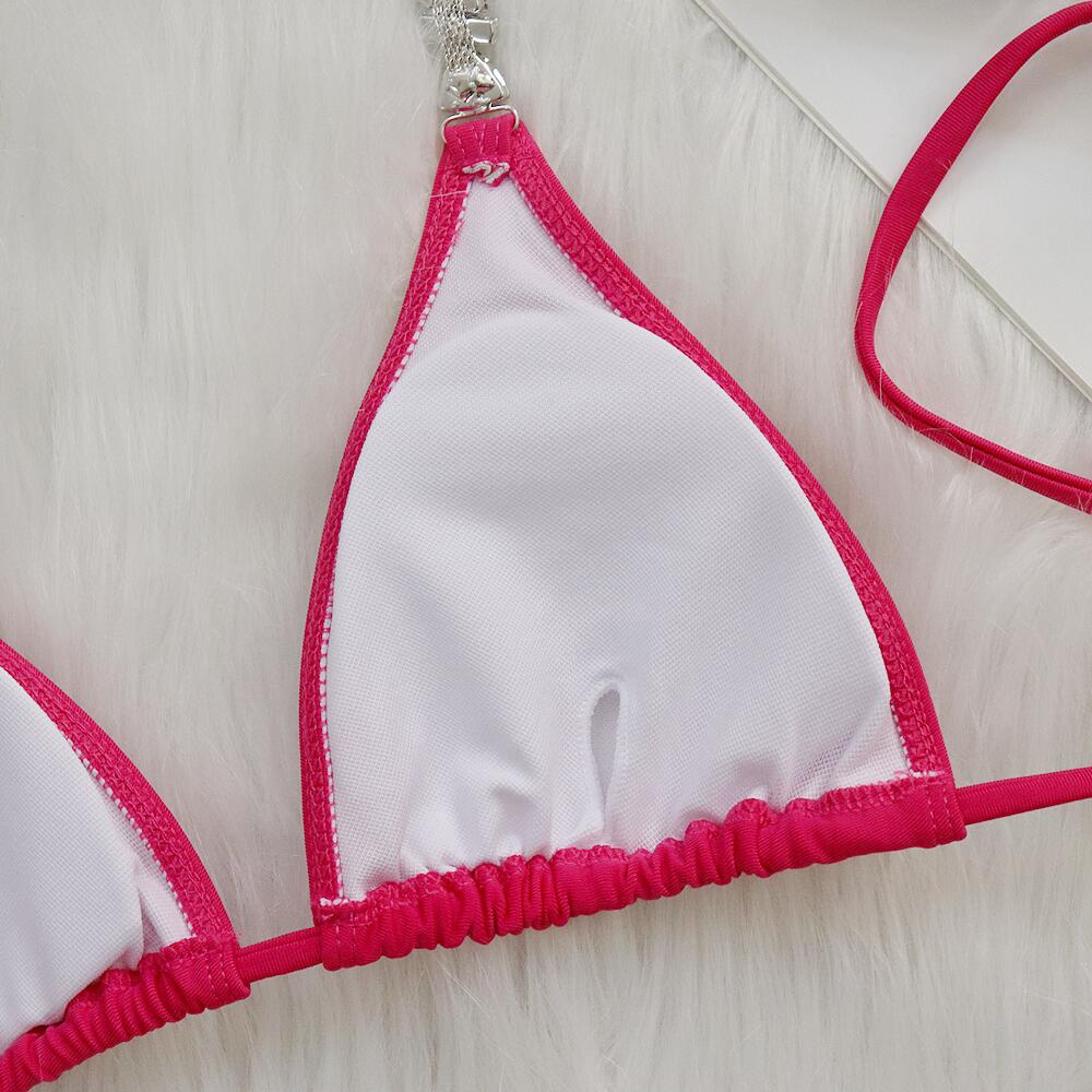 Hot pink triangle bikini top with rhinestone trim, ruched hem, and adjustable ties