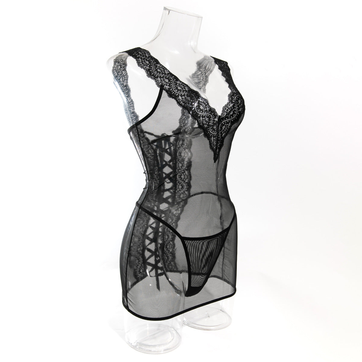 Black lace-trim mesh chemise with scalloped neckline and lace-up back crisscross