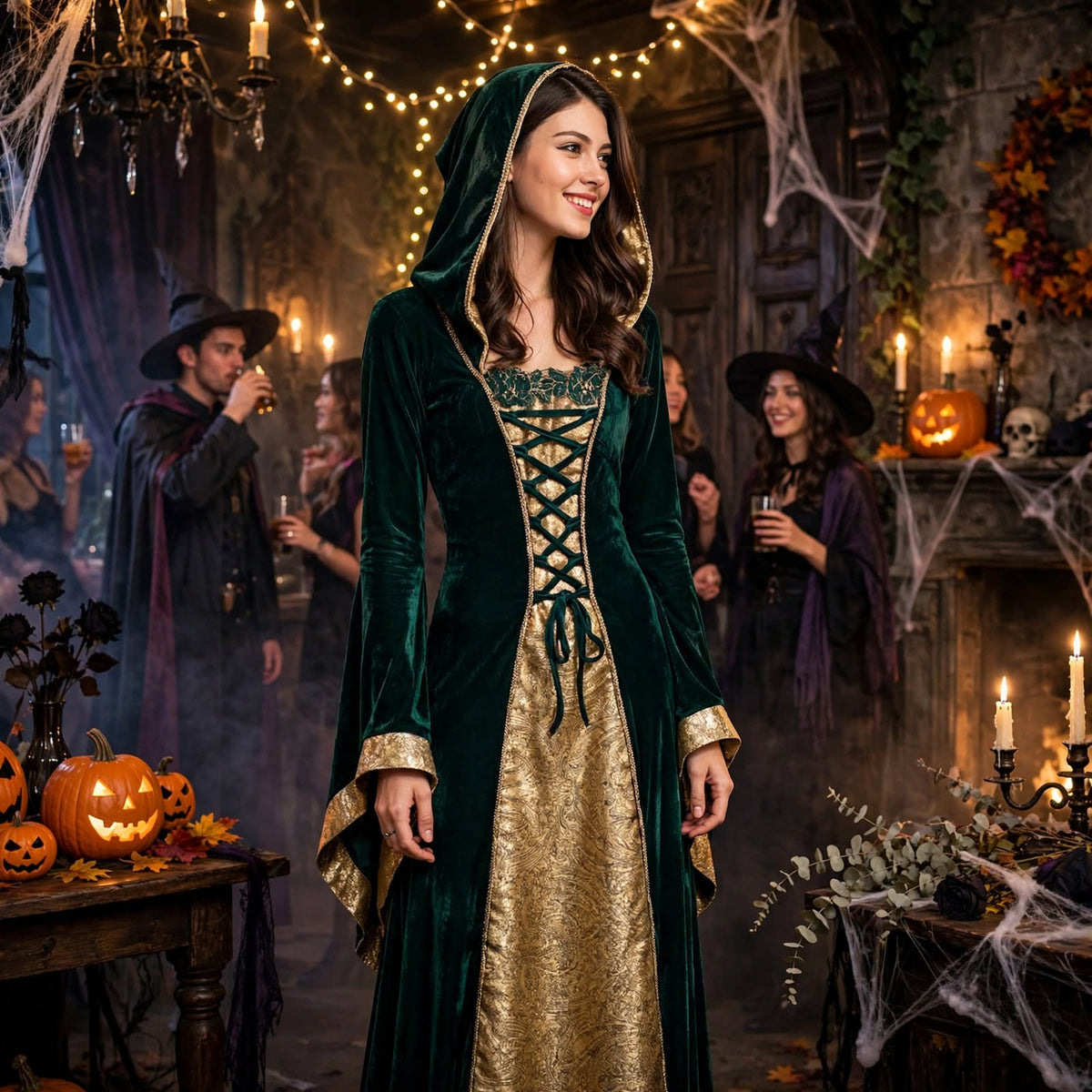 Halloween Medieval Costume Dress - Hood and Lace-Up Bodice