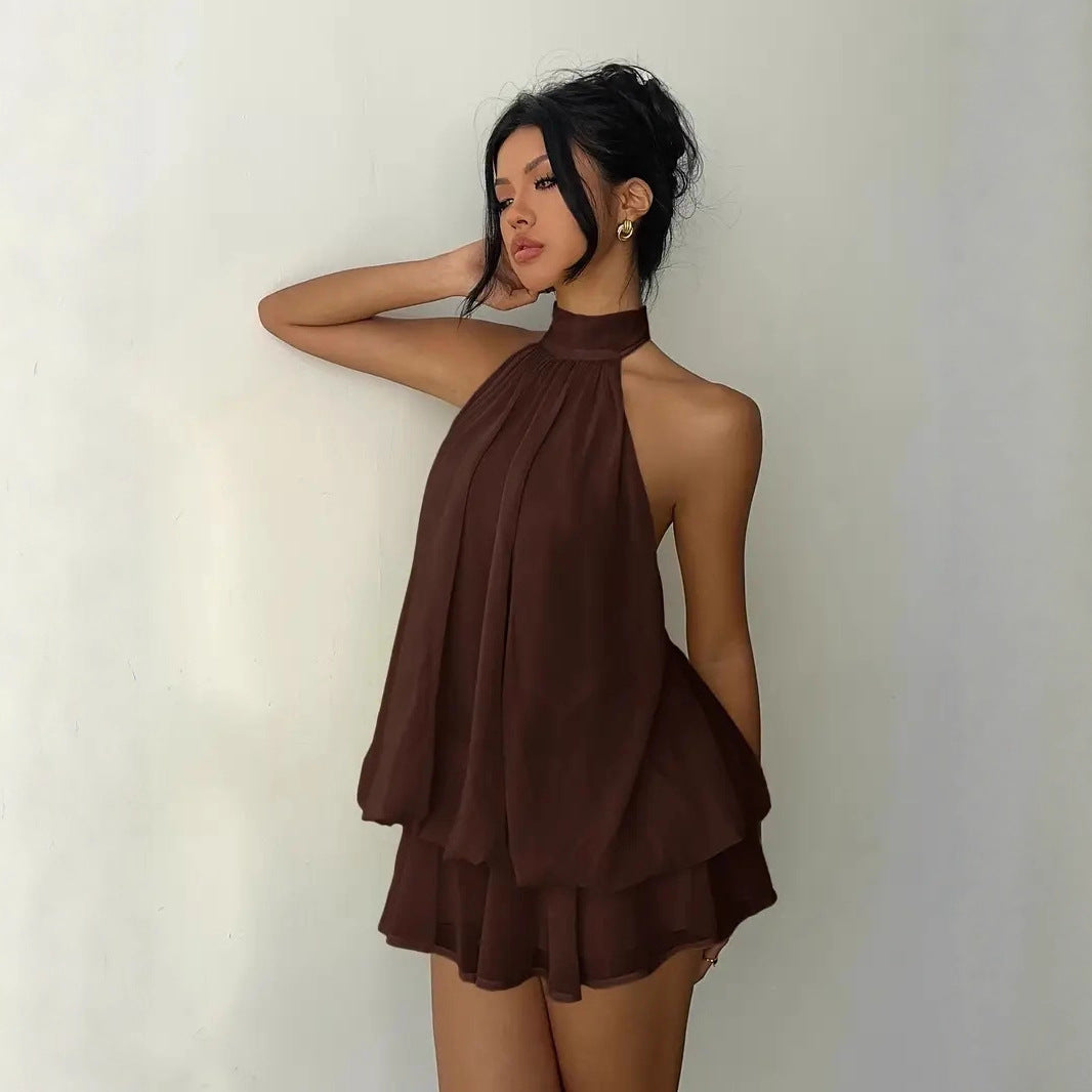 Backless Halter Neck Tiered Mini Dress - Chiffon Vacation Dress