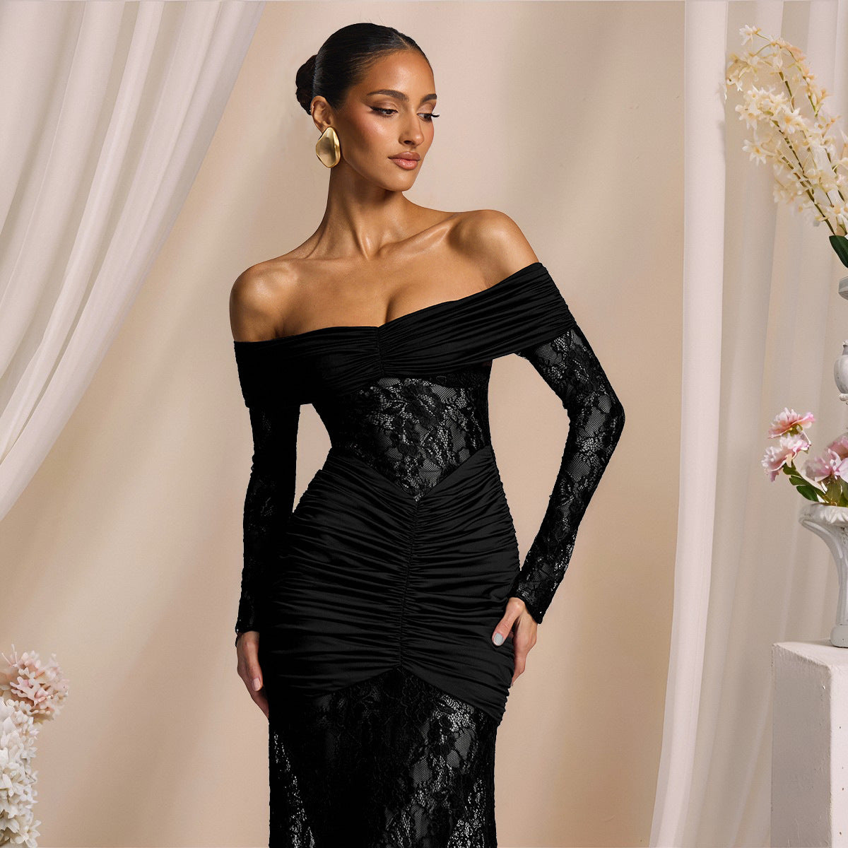 Off-Shoulder Bodycon Dress - Lace Long Sleeve Gown - Fashions Envy