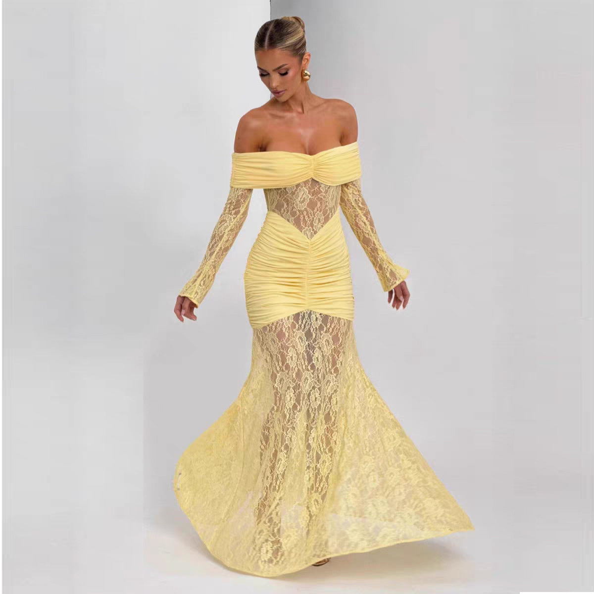 Off-Shoulder Bodycon Dress - Lace Long Sleeve Gown - Fashions Envy