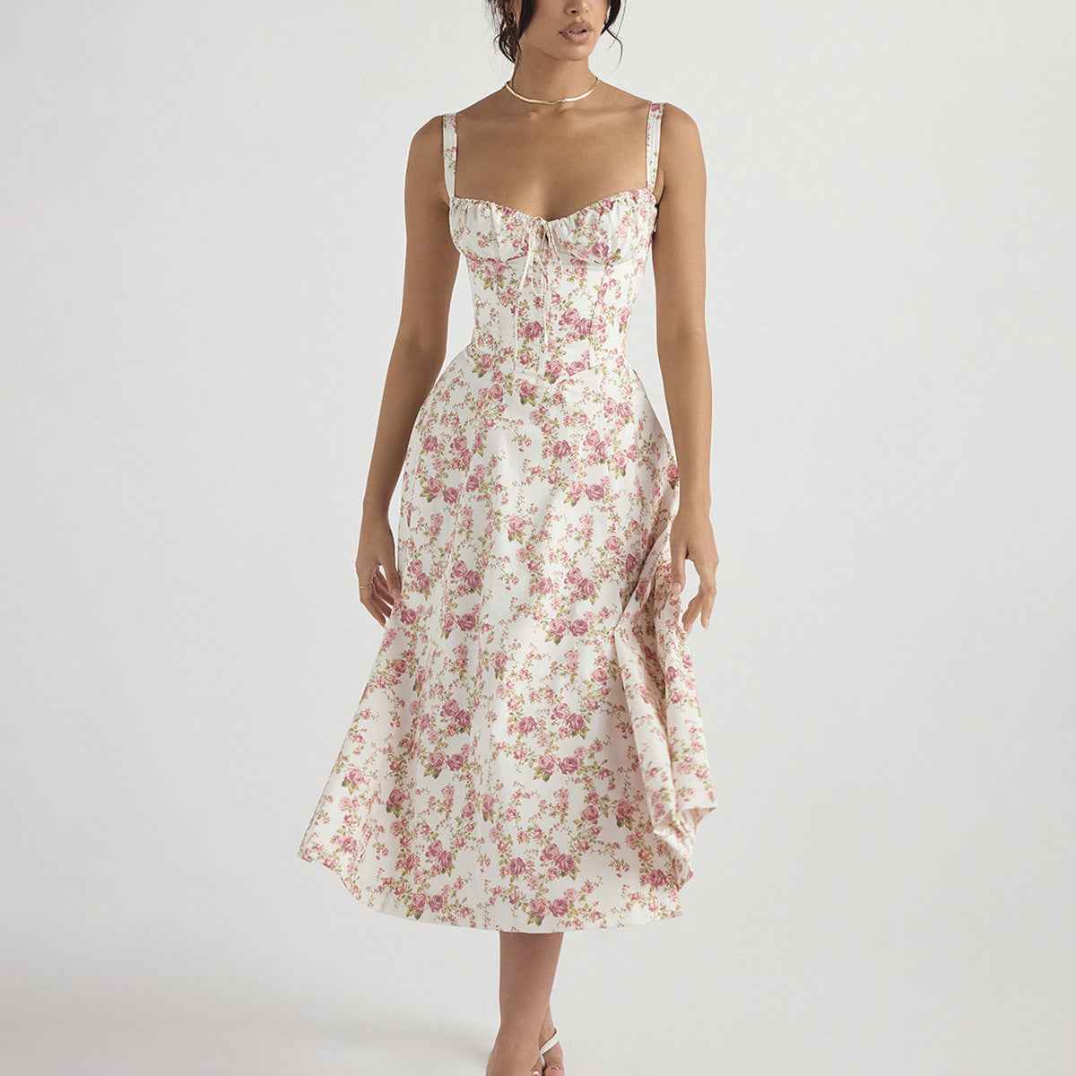 Corset Lace-Up Back Midi Dress - Wide Strap Side Slit