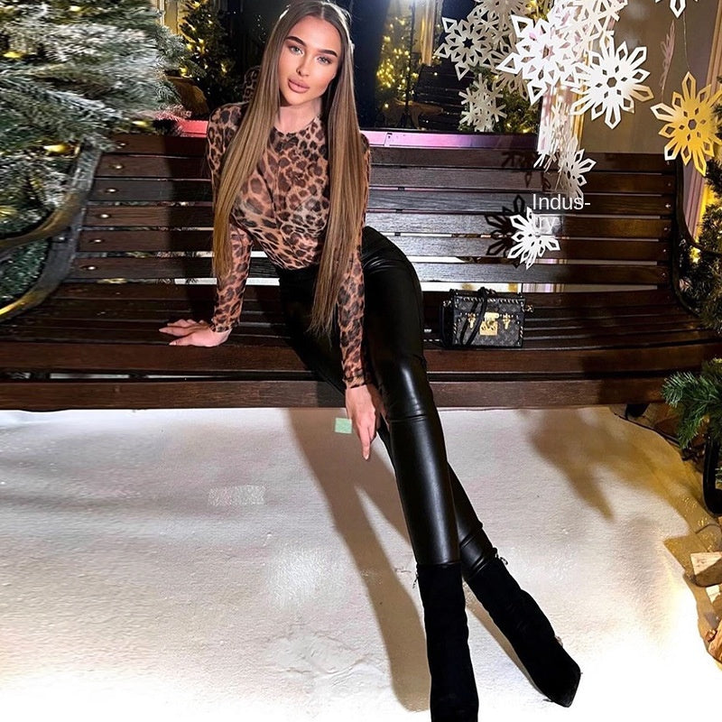 Leopard Print Mesh Bodysuit - Long Sleeve Sheer Crew Neck Snap Closure