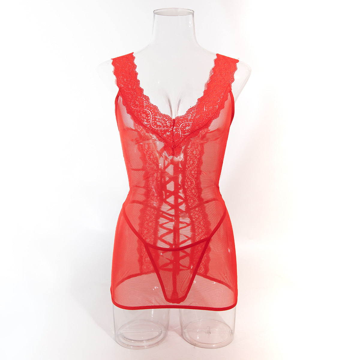 Red lace-trim mesh chemise with scalloped V neckline and lace-up front panel