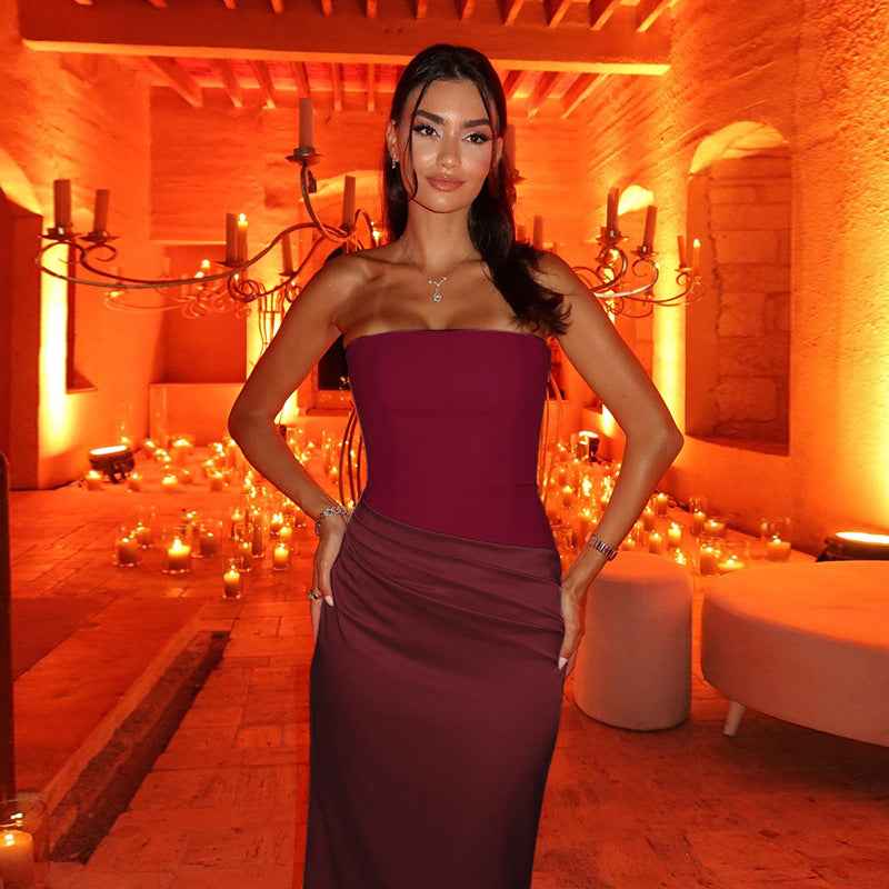 Burgundy Strapless Satin Maxi Dress - Slim Fit Prom Gown